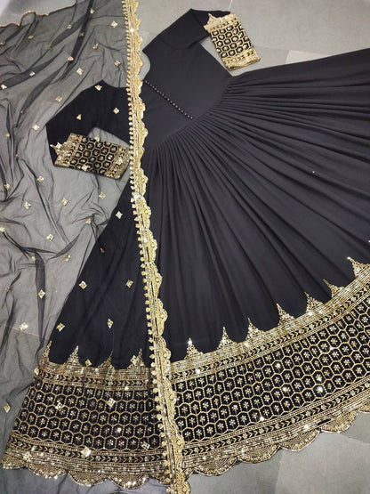 Black Faux Georgette Embroidery Sequence Work Designer Anarkali Two Piece Set