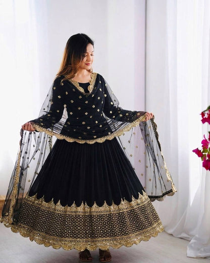 Black Faux Georgette Embroidery Sequence Work Designer Anarkali Two Piece Set