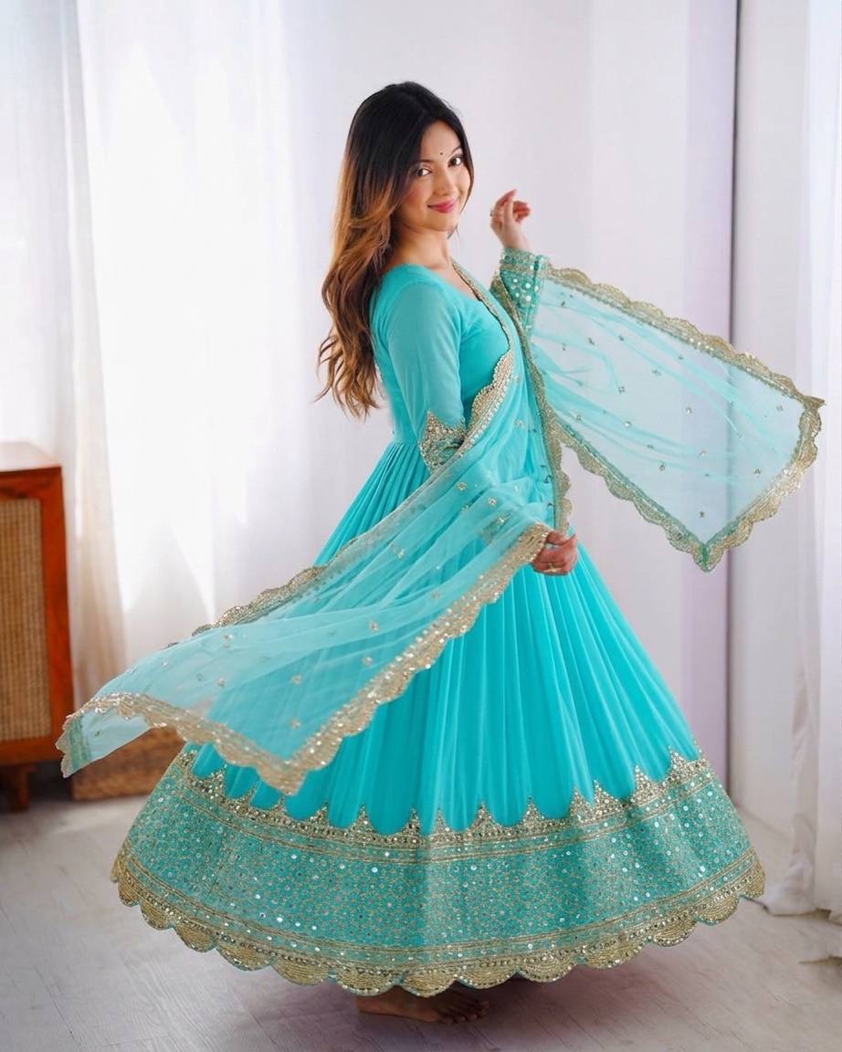 Sky Blue Faux Georgette Embroidery Sequence Work Designer Anarkali Two Piece Set