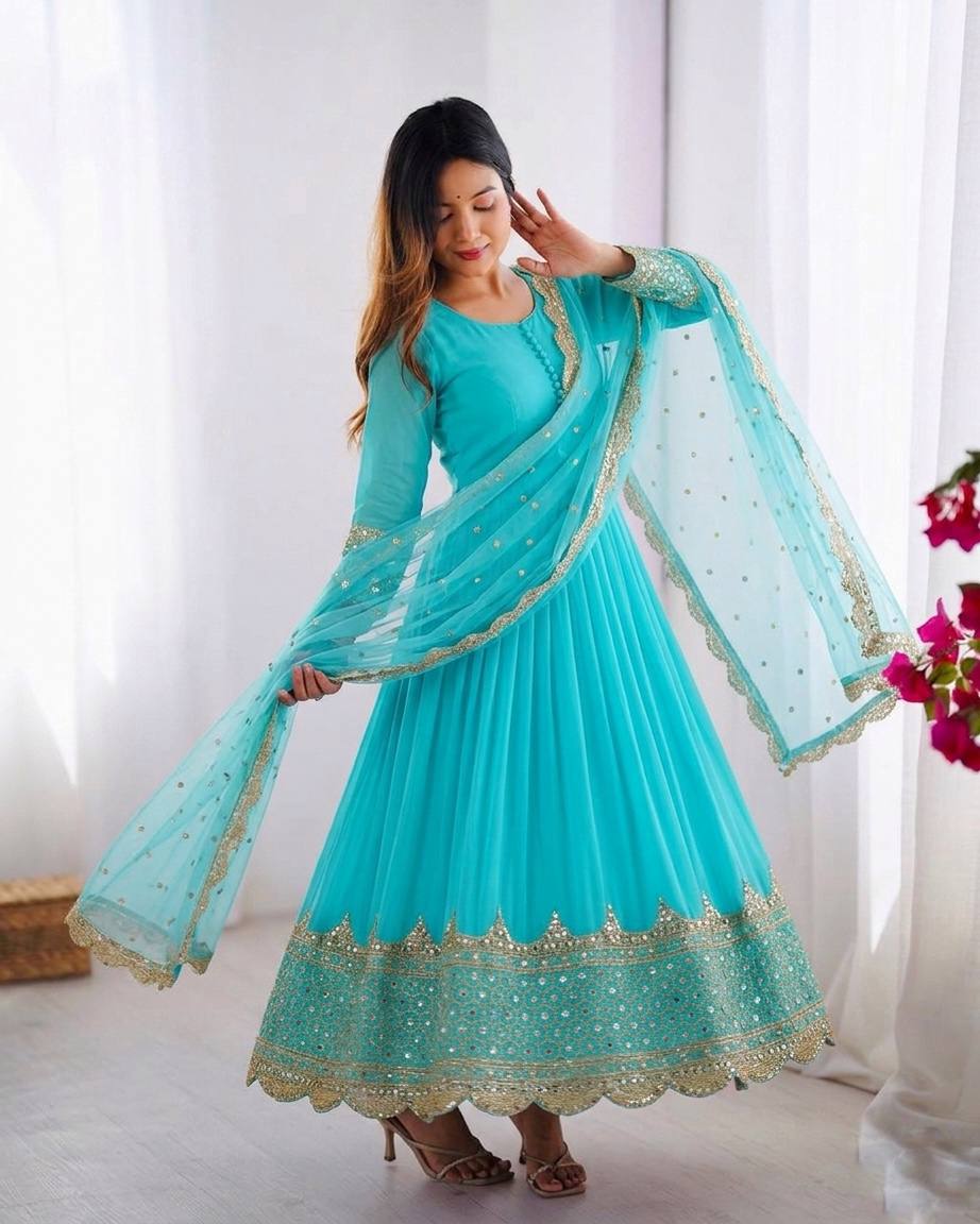 Sky Blue Faux Georgette Embroidery Sequence Work Designer Anarkali Two Piece Set