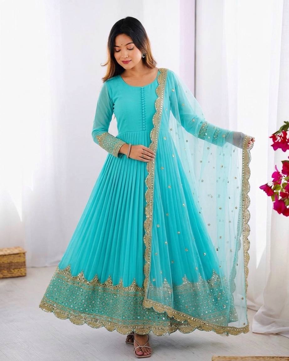 Sky Blue Faux Georgette Embroidery Sequence Work Designer Anarkali Two Piece Set