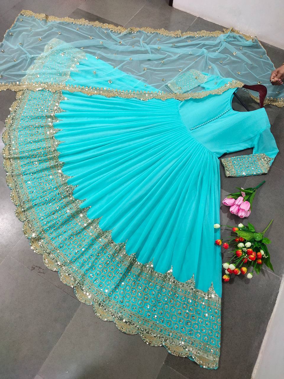 Sky Blue Faux Georgette Embroidery Sequence Work Designer Anarkali Two Piece Set