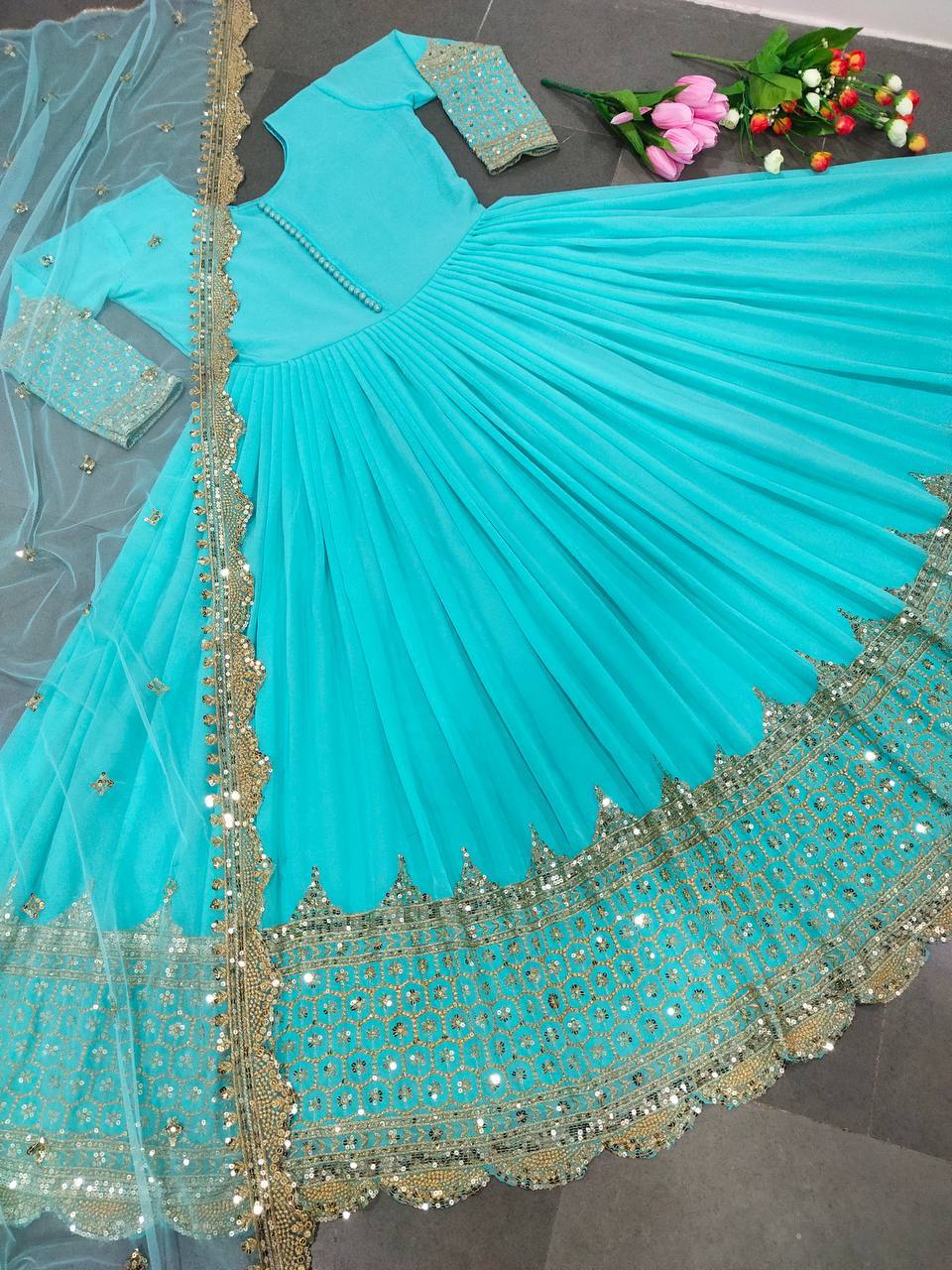 Sky Blue Faux Georgette Embroidery Sequence Work Designer Anarkali Two Piece Set