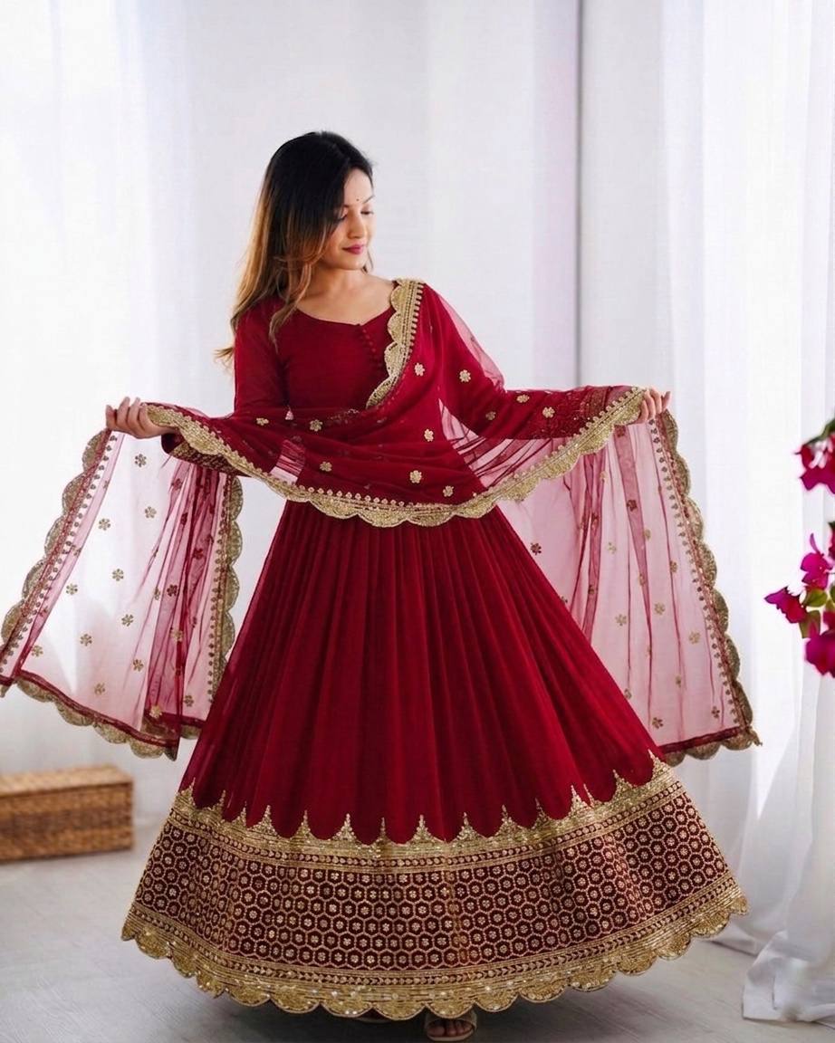 Maroon Faux Georgette Embroidery Sequence Work Designer Anarkali Two Piece Set