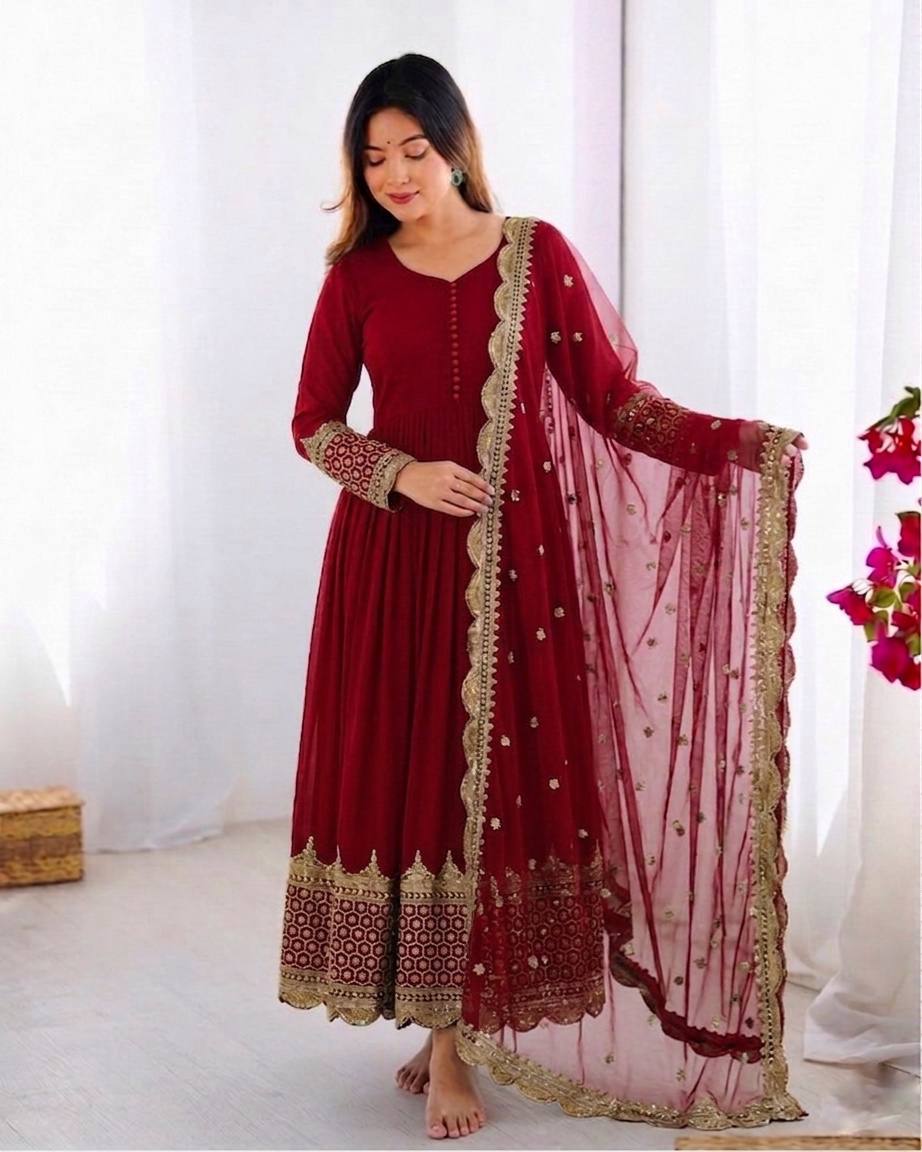 Maroon Faux Georgette Embroidery Sequence Work Designer Anarkali Two Piece Set