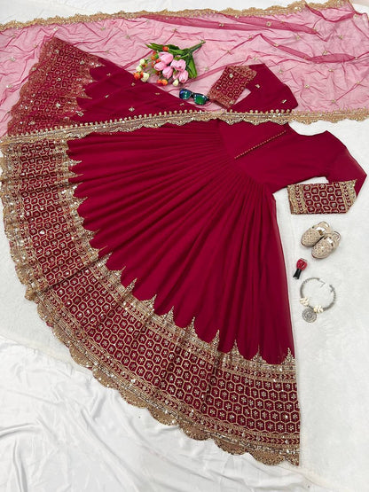Maroon Faux Georgette Embroidery Sequence Work Designer Anarkali Two Piece Set