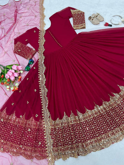 Maroon Faux Georgette Embroidery Sequence Work Designer Anarkali Two Piece Set