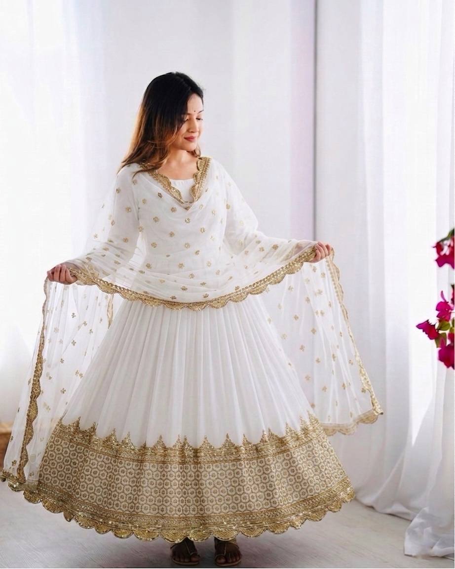 White Faux Georgette Embroidery Sequence Work Designer Anarkali Two Piece Set