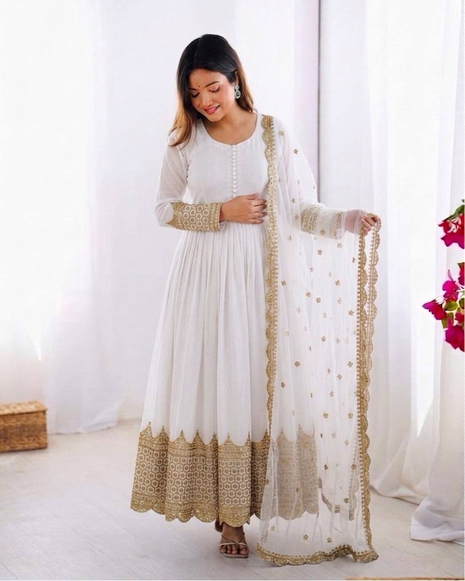 White Faux Georgette Embroidery Sequence Work Designer Anarkali Two Piece Set