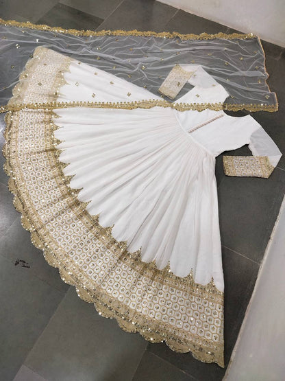 White Faux Georgette Embroidery Sequence Work Designer Anarkali Two Piece Set