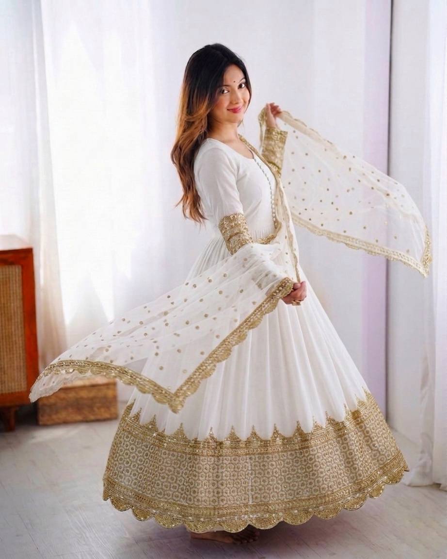 White Faux Georgette Embroidery Sequence Work Designer Anarkali Two Piece Set