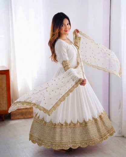 White Faux Georgette Embroidery Sequence Work Designer Anarkali Two Piece Set