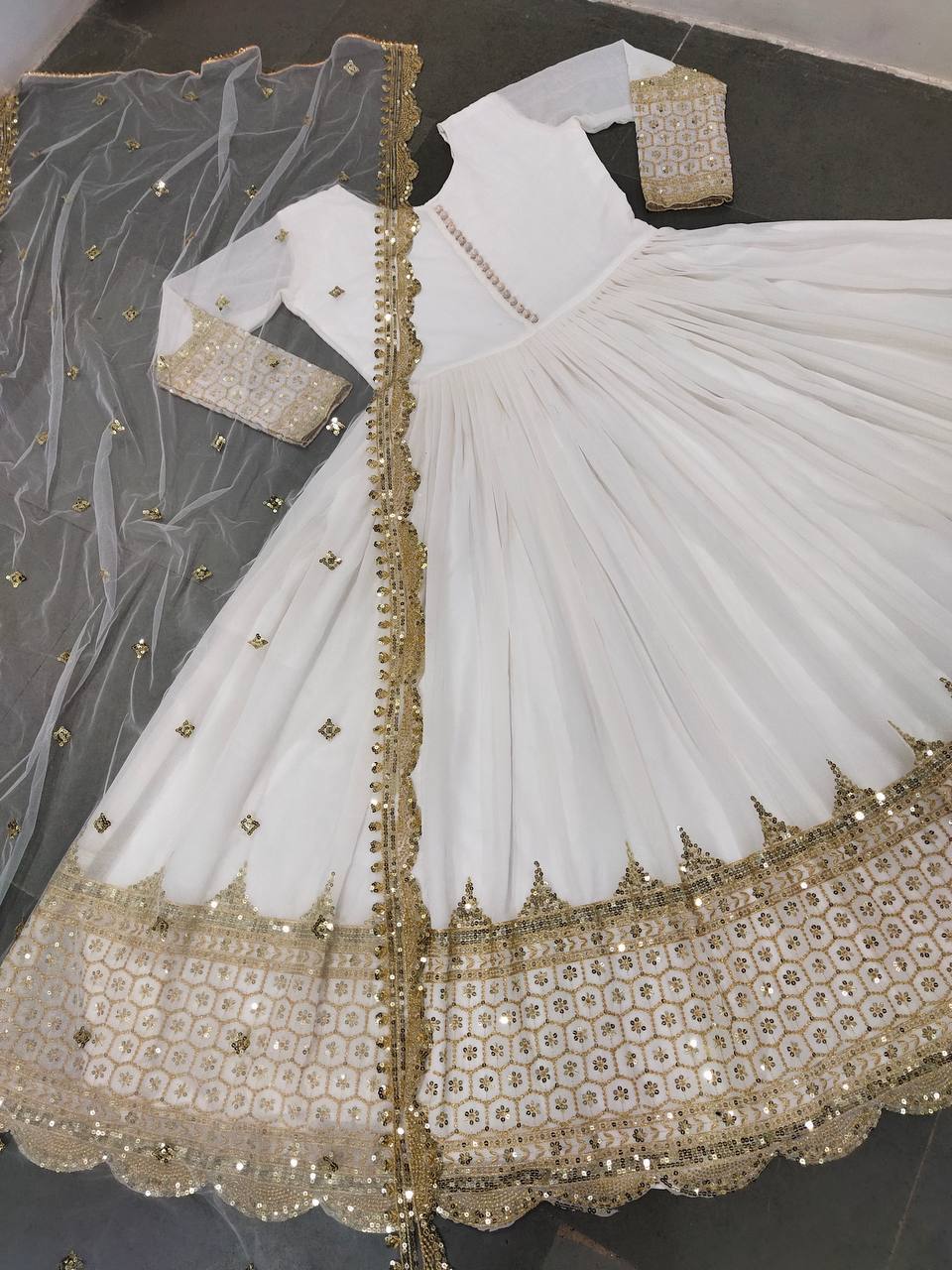 White Faux Georgette Embroidery Sequence Work Designer Anarkali Two Piece Set