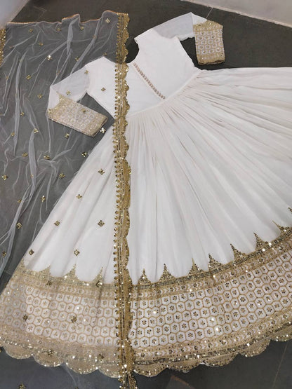 White Faux Georgette Embroidery Sequence Work Designer Anarkali Two Piece Set