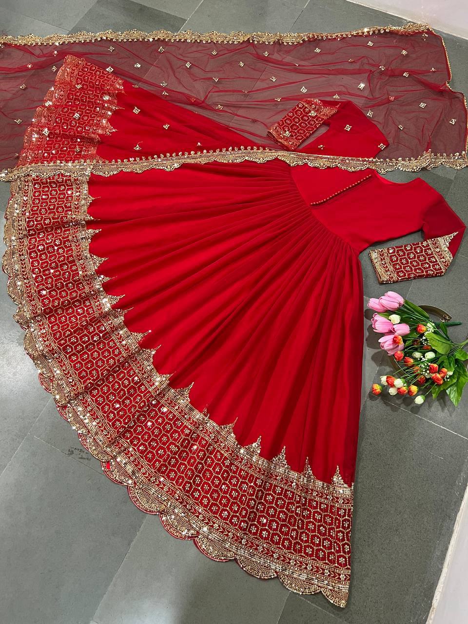 Red Faux Georgette Embroidery Sequence Work Designer Anarkali Two Piece Set