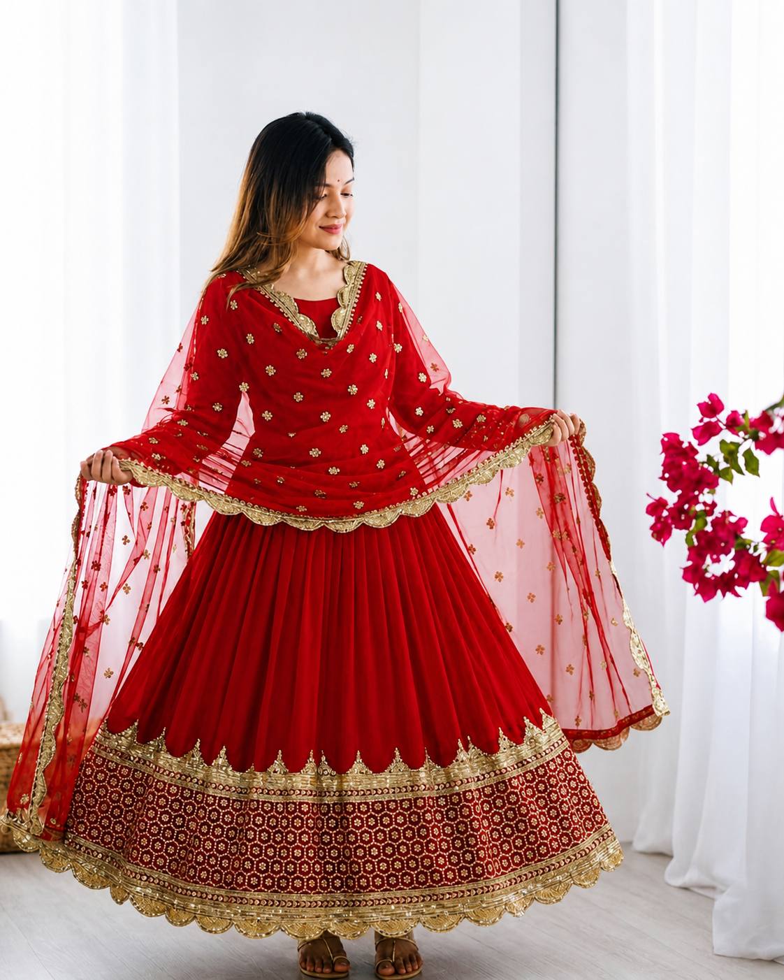 Red Faux Georgette Embroidery Sequence Work Designer Anarkali Two Piece Set