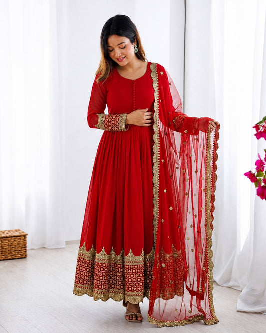 Red Faux Georgette Embroidery Sequence Work Designer Anarkali Two Piece Set