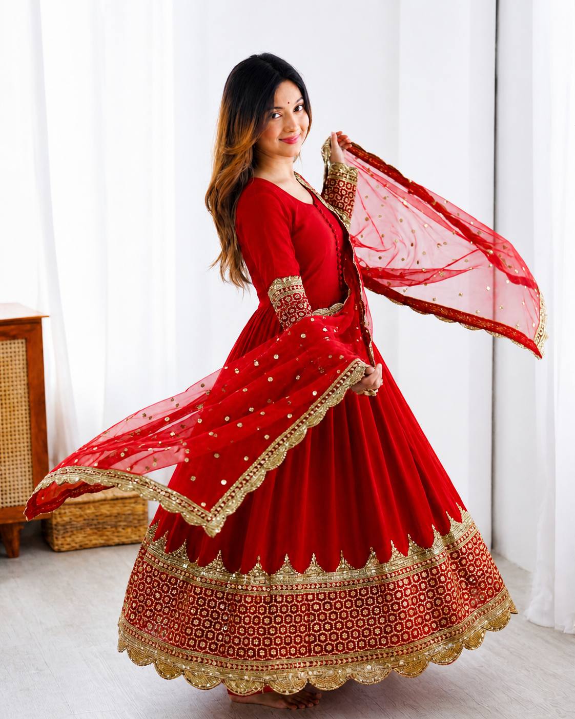 Red Faux Georgette Embroidery Sequence Work Designer Anarkali Two Piece Set