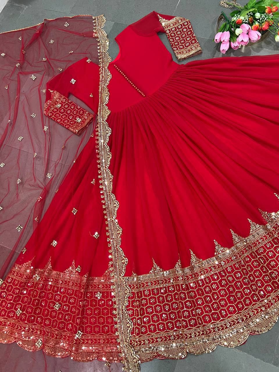 Red Faux Georgette Embroidery Sequence Work Designer Anarkali Two Piece Set