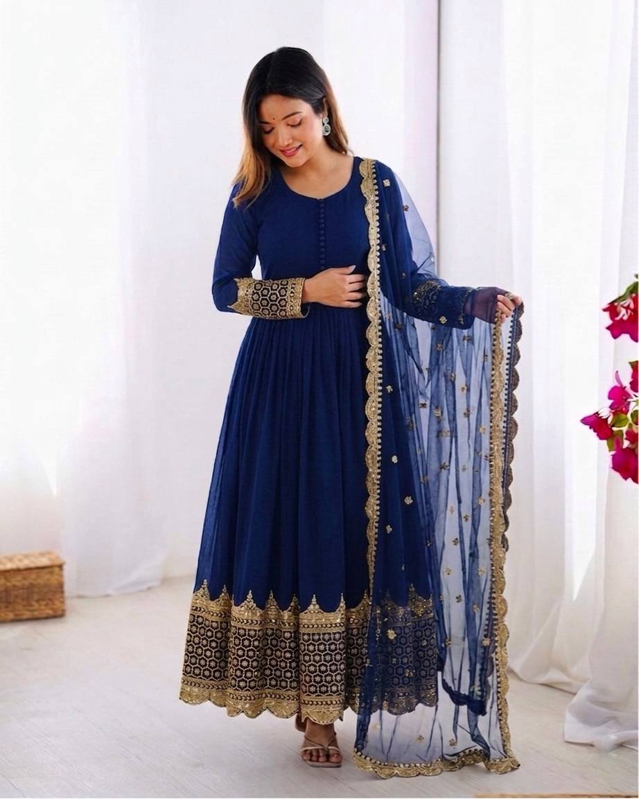 Blue Faux Georgette Embroidery Sequence Work Designer Anarkali Two Piece Set
