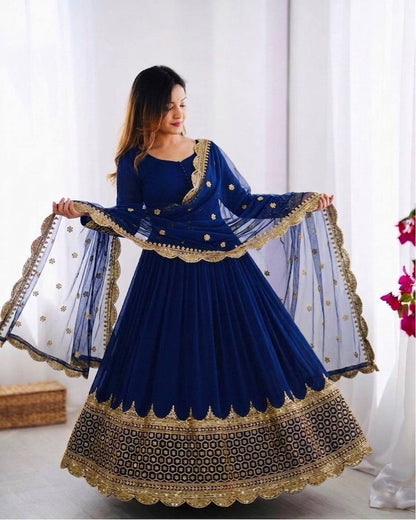 Blue Faux Georgette Embroidery Sequence Work Designer Anarkali Two Piece Set
