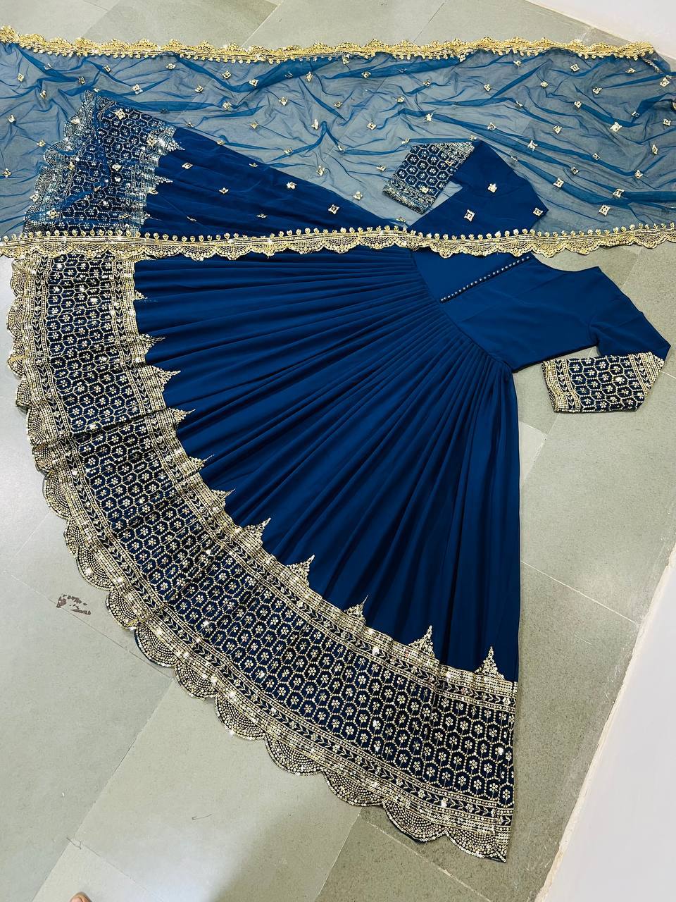 Blue Faux Georgette Embroidery Sequence Work Designer Anarkali Two Piece Set