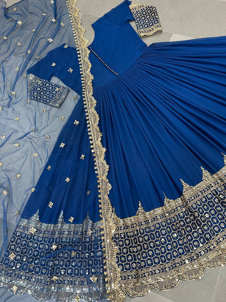 Blue Faux Georgette Embroidery Sequence Work Designer Anarkali Two Piece Set