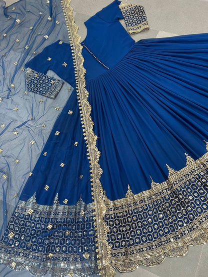 Blue Faux Georgette Embroidery Sequence Work Designer Anarkali Two Piece Set