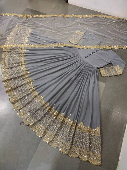 Grey Faux Georgette Embroidery Sequence Work Designer Anarkali Two Piece Set