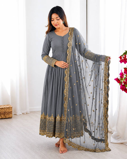 Grey Faux Georgette Embroidery Sequence Work Designer Anarkali Two Piece Set