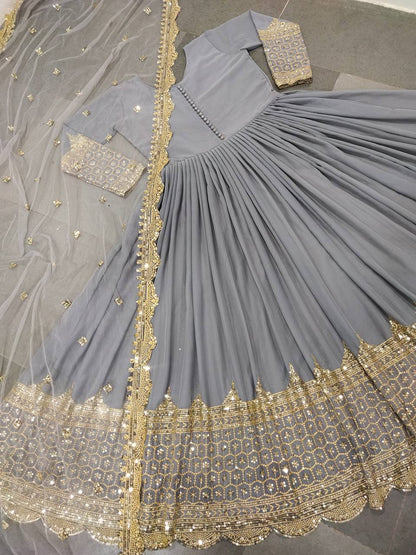 Grey Faux Georgette Embroidery Sequence Work Designer Anarkali Two Piece Set