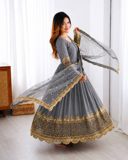 Grey Faux Georgette Embroidery Sequence Work Designer Anarkali Two Piece Set