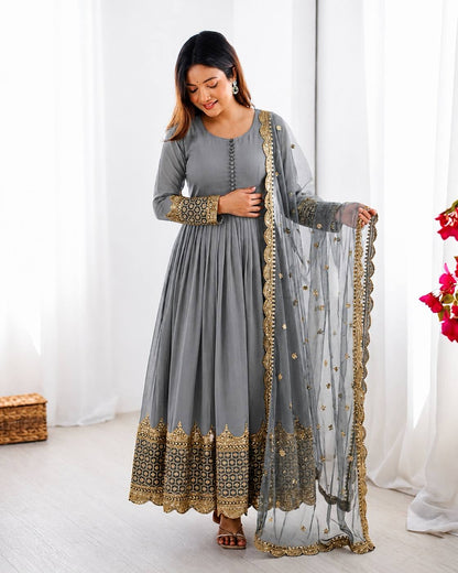 Grey Faux Georgette Embroidery Sequence Work Designer Anarkali Two Piece Set