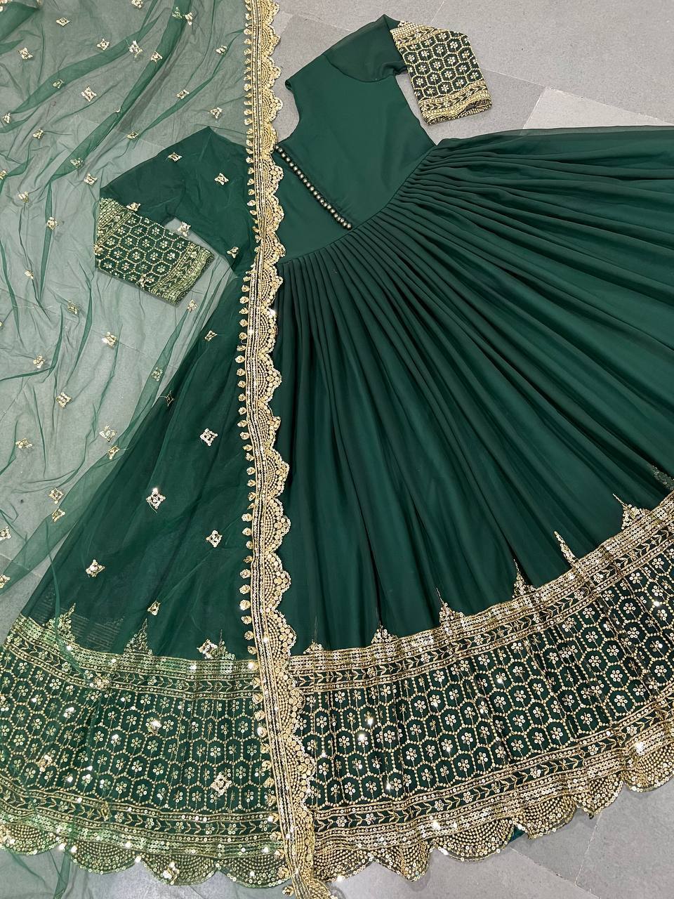 Green Faux Georgette Embroidery Sequence Work Designer Anarkali Two Piece Set