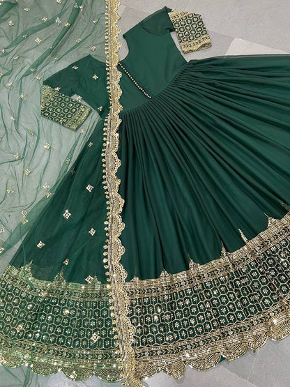 Green Faux Georgette Embroidery Sequence Work Designer Anarkali Two Piece Set