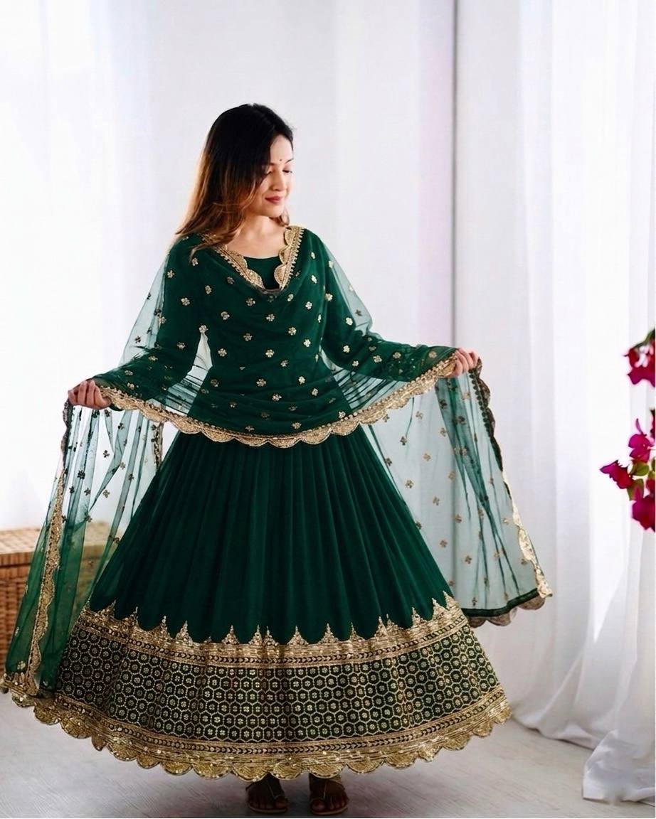 Green Faux Georgette Embroidery Sequence Work Designer Anarkali Two Piece Set