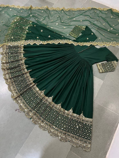 Green Faux Georgette Embroidery Sequence Work Designer Anarkali Two Piece Set