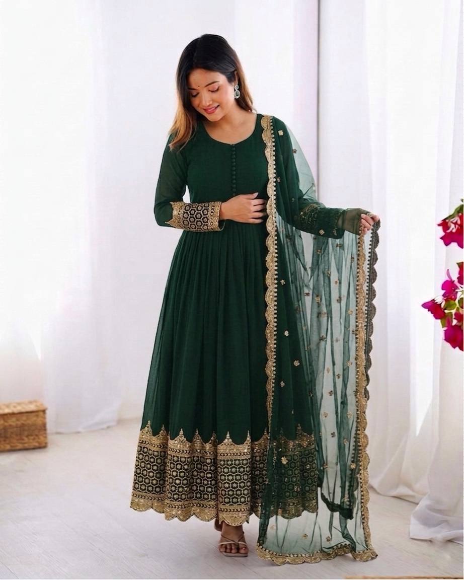Green Faux Georgette Embroidery Sequence Work Designer Anarkali Two Piece Set