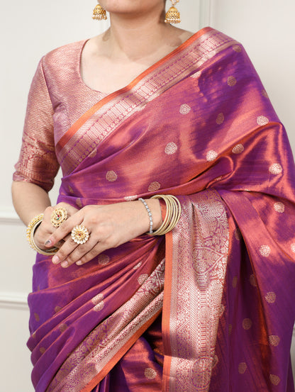 Purple Dual-Tone Zari Weaving Saree with Unstitched Blouse