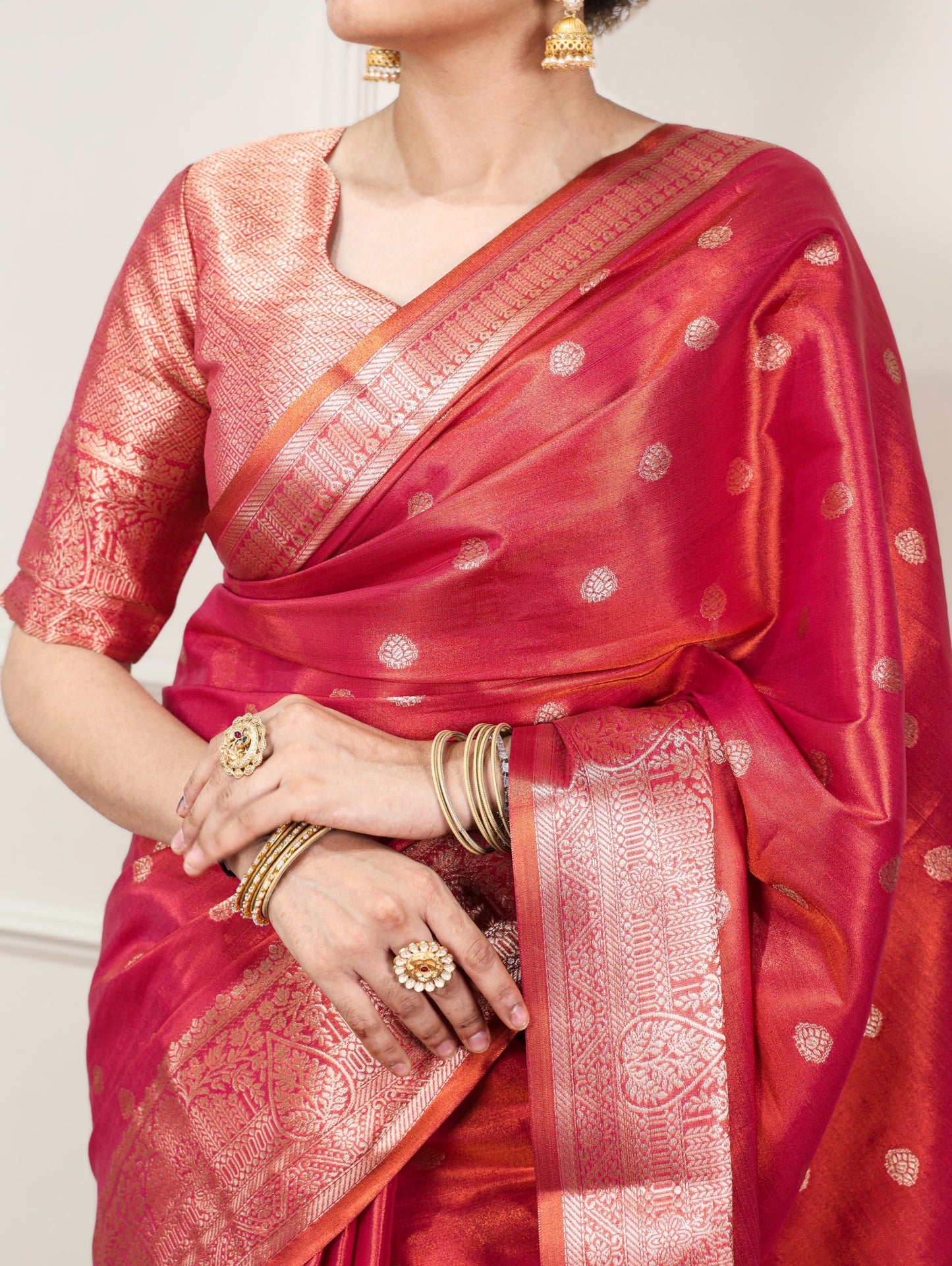 Rani Pink Dual-Tone Zari Weaving Saree with Unstitched Blouse