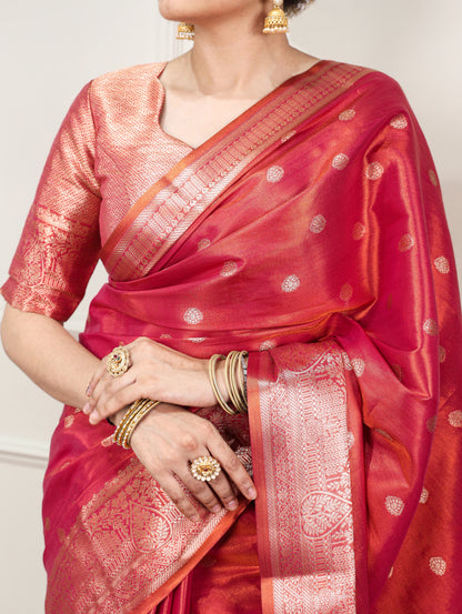 Rani Pink Dual-Tone Zari Weaving Saree with Unstitched Blouse