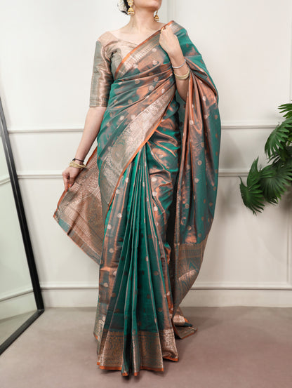 Bottle Green Dual-Tone Zari Weaving Saree with Unstitched Blouse