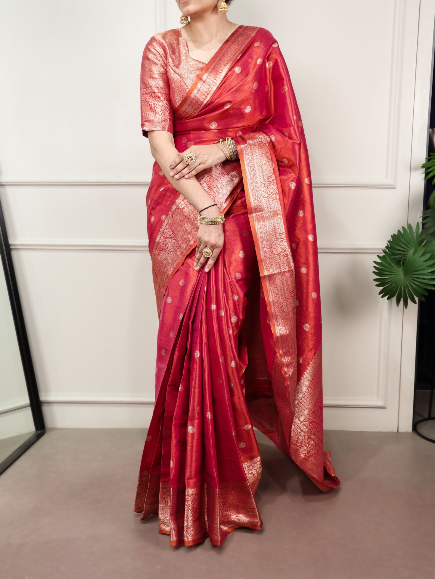 Rani Pink Dual-Tone Zari Weaving Saree with Unstitched Blouse