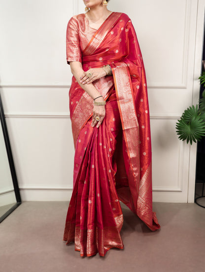 Rani Pink Dual-Tone Zari Weaving Saree with Unstitched Blouse