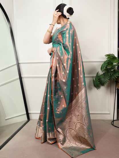 Bottle Green Dual-Tone Zari Weaving Saree with Unstitched Blouse