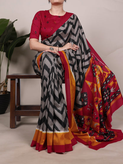 Black Tasar Silk Zigzag Print Saree with Unstitched Blouse