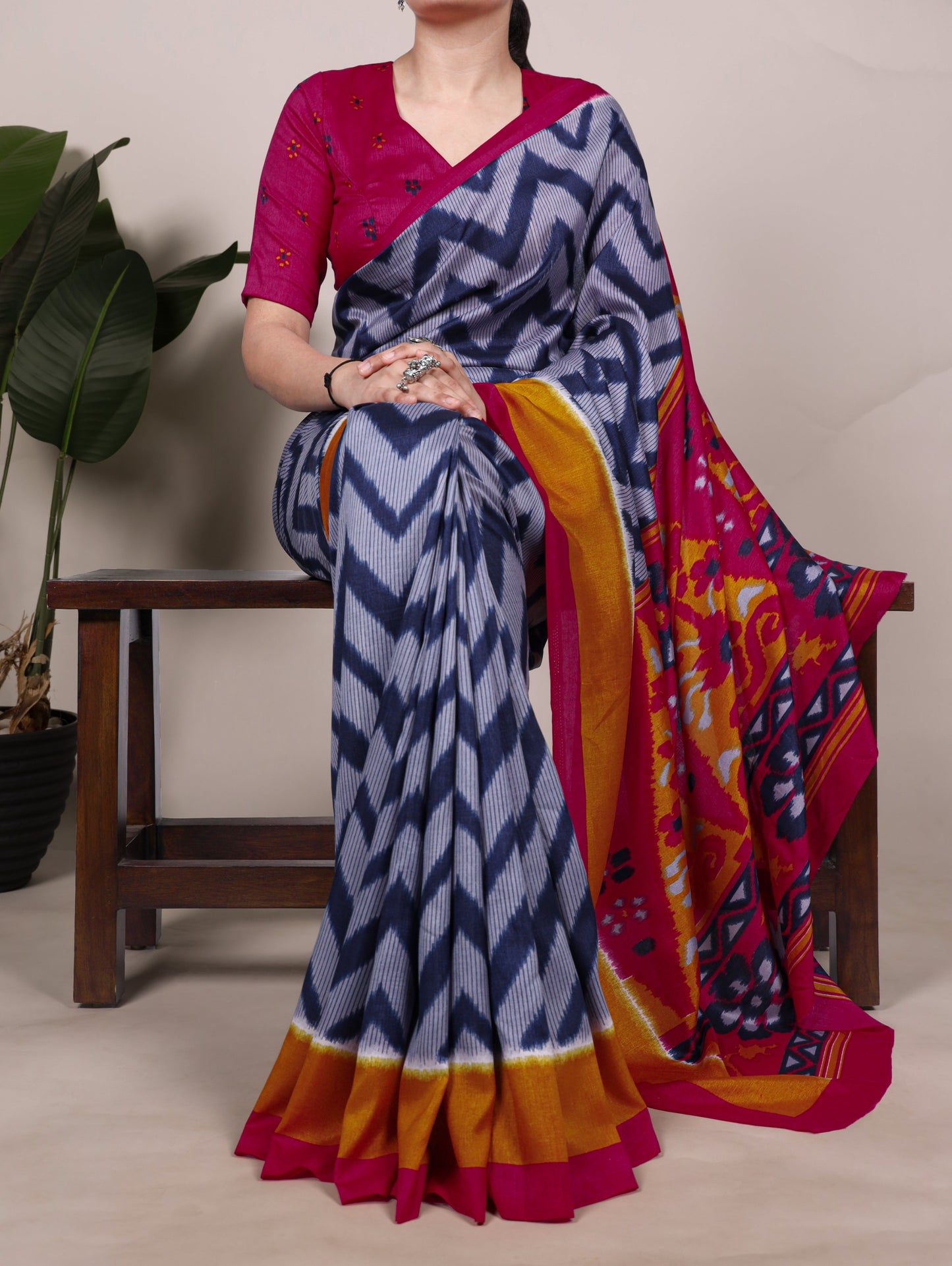 Blue Tasar Silk Zigzag Print Saree with Unstitched Blouse