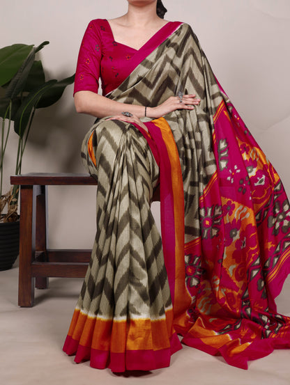 Mehndi Green Tasar Silk Zigzag Print Saree with Unstitched Blouse
