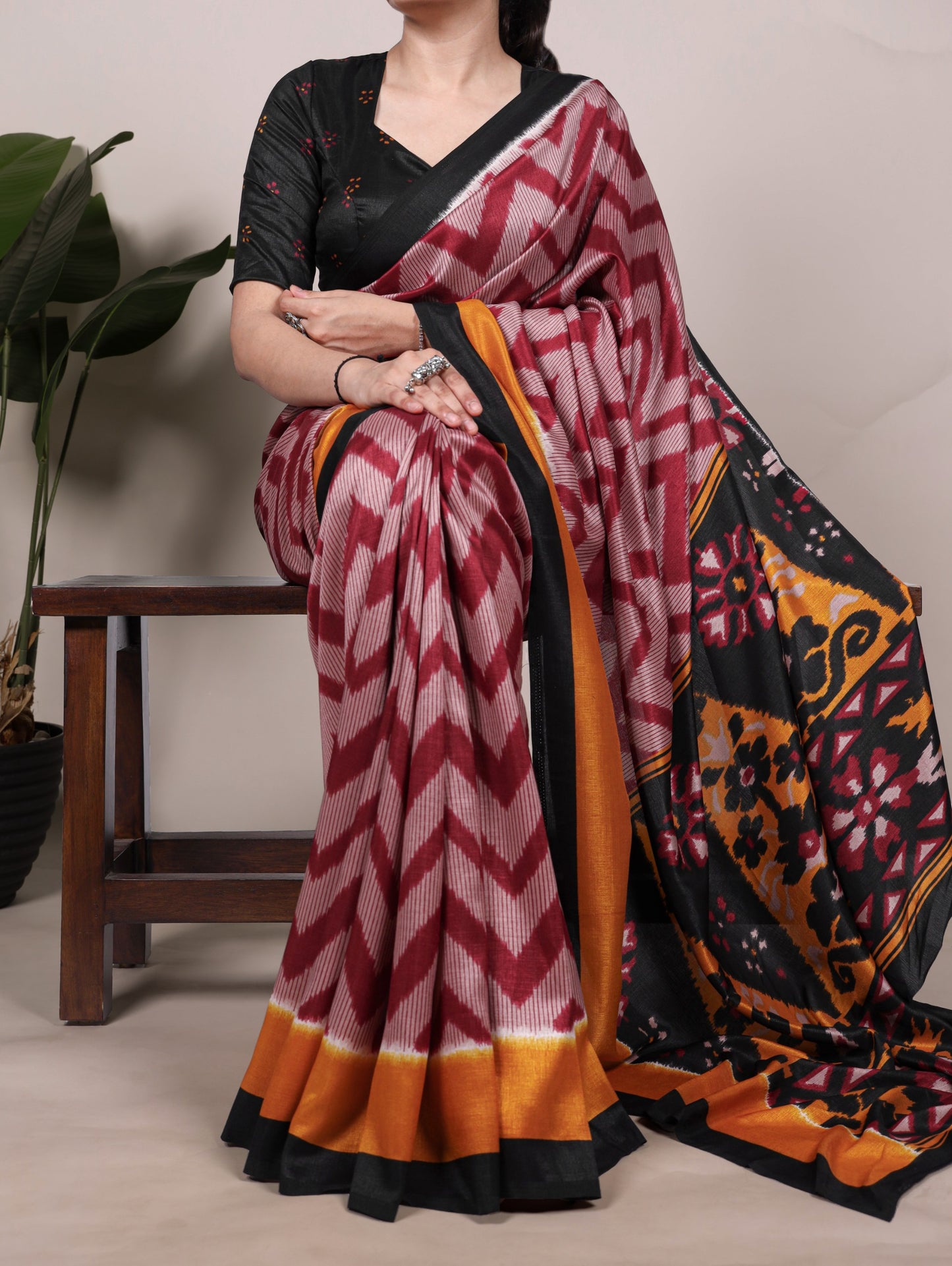 Meroon Tasar Silk Zigzag Print Saree with Unstitched Blouse