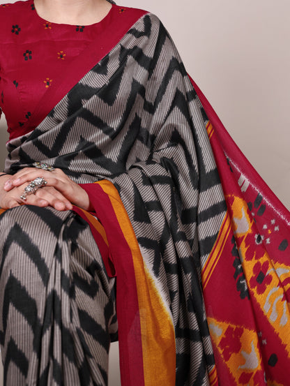 Black Tasar Silk Zigzag Print Saree with Unstitched Blouse